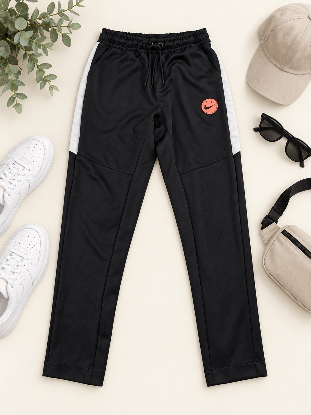 Nike Sportswear Black Track Pants Men’s M Smiley Patch White Stripe